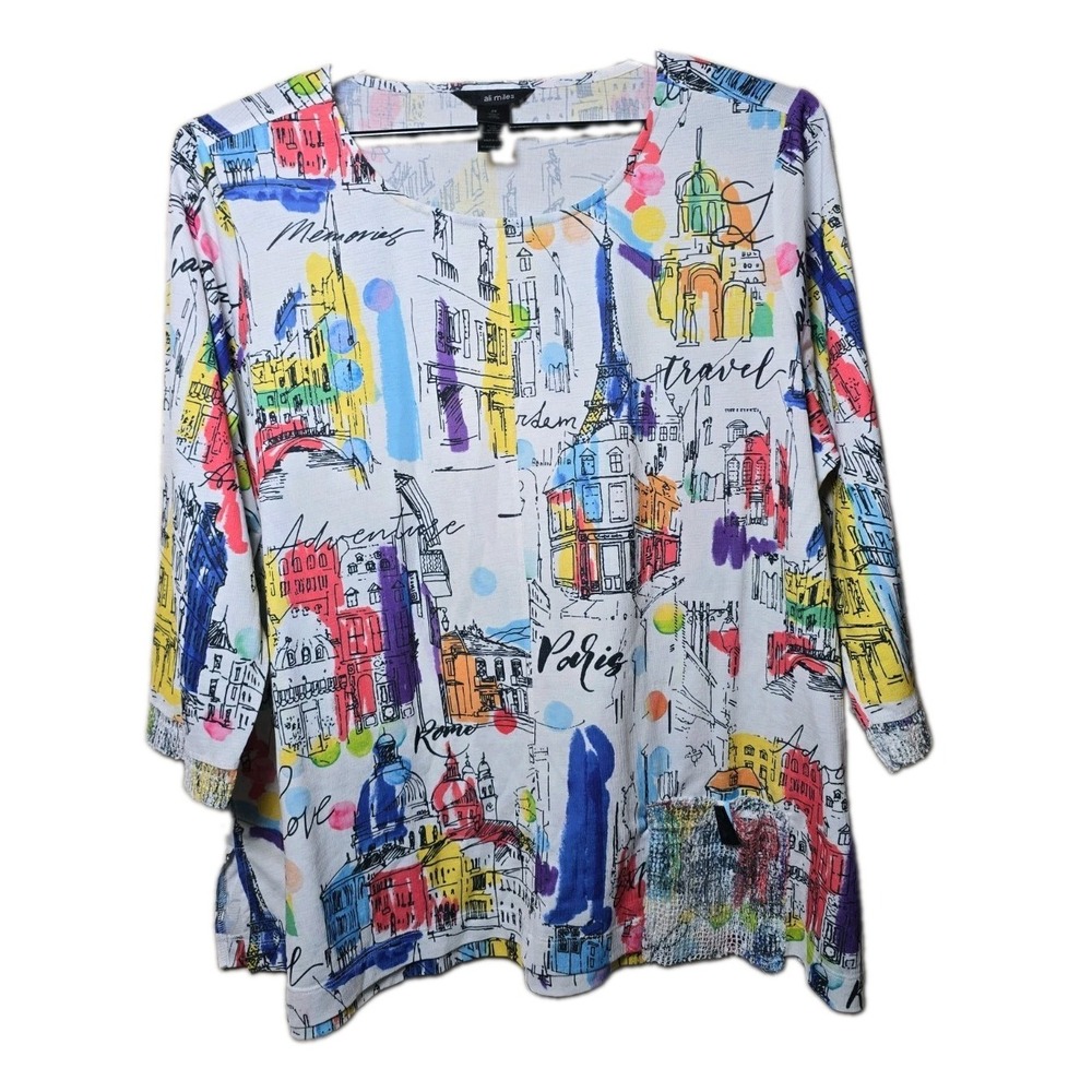 Ali Miles Paris Themed Top Blouse Art To Wear White Women's Size 2X Lagenlook t8
